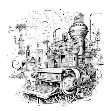 Black and white line art of a content machine.