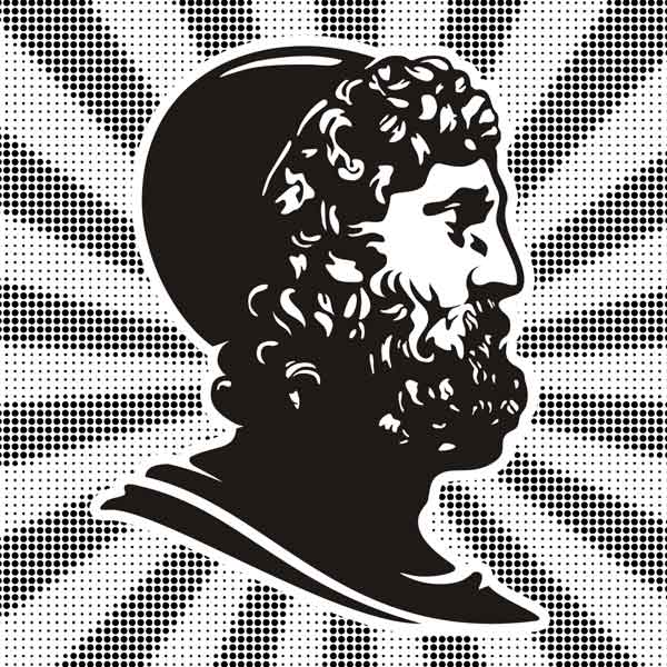 Black and white image of aristotle head.