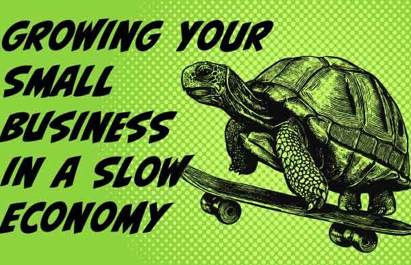 Blog cover image with a line art drawing of a tortoise on a skateboard to the right and thick black lettering that reads, "Growing Your Small Business in a Slow Economy."