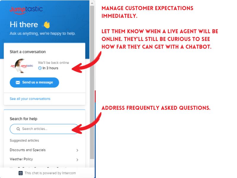 Image of a chatbot interface with red arrows pointing to various portions of the interface.